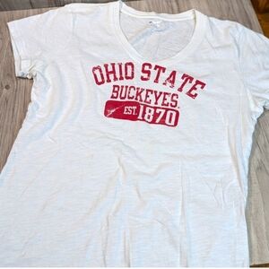 Ohio State Buckeyes Collegiate Logo White Red V Neck T-Shirt Russell Medium